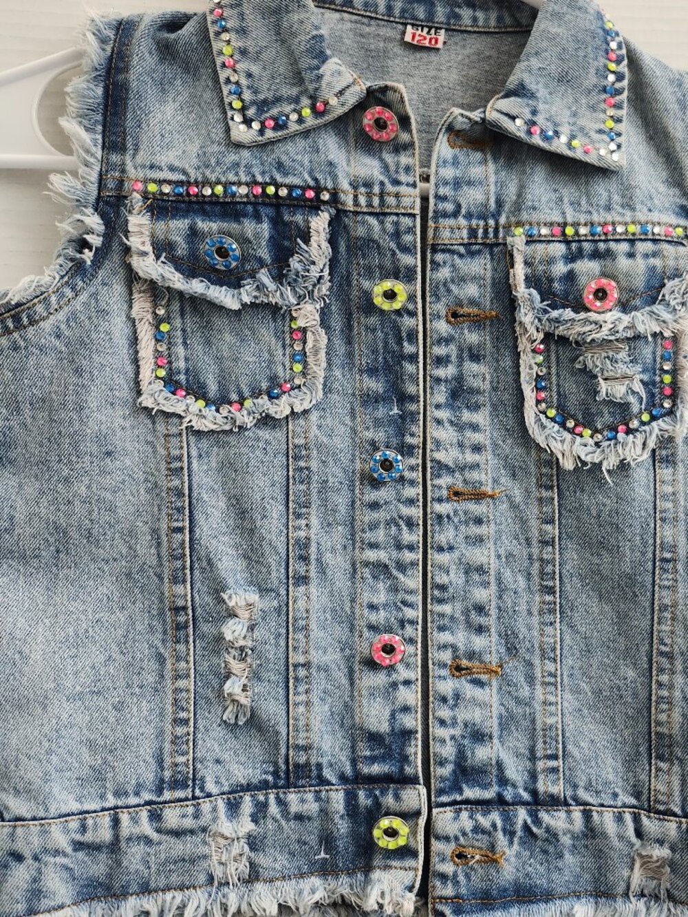 ETSY customized, distressed, light-washed denim vest, size 120 ( 6-7)